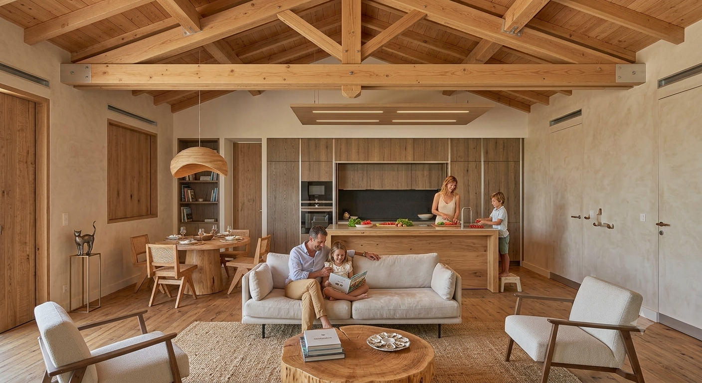 Noble materials and bespoke wood in a family open-plan kitchen