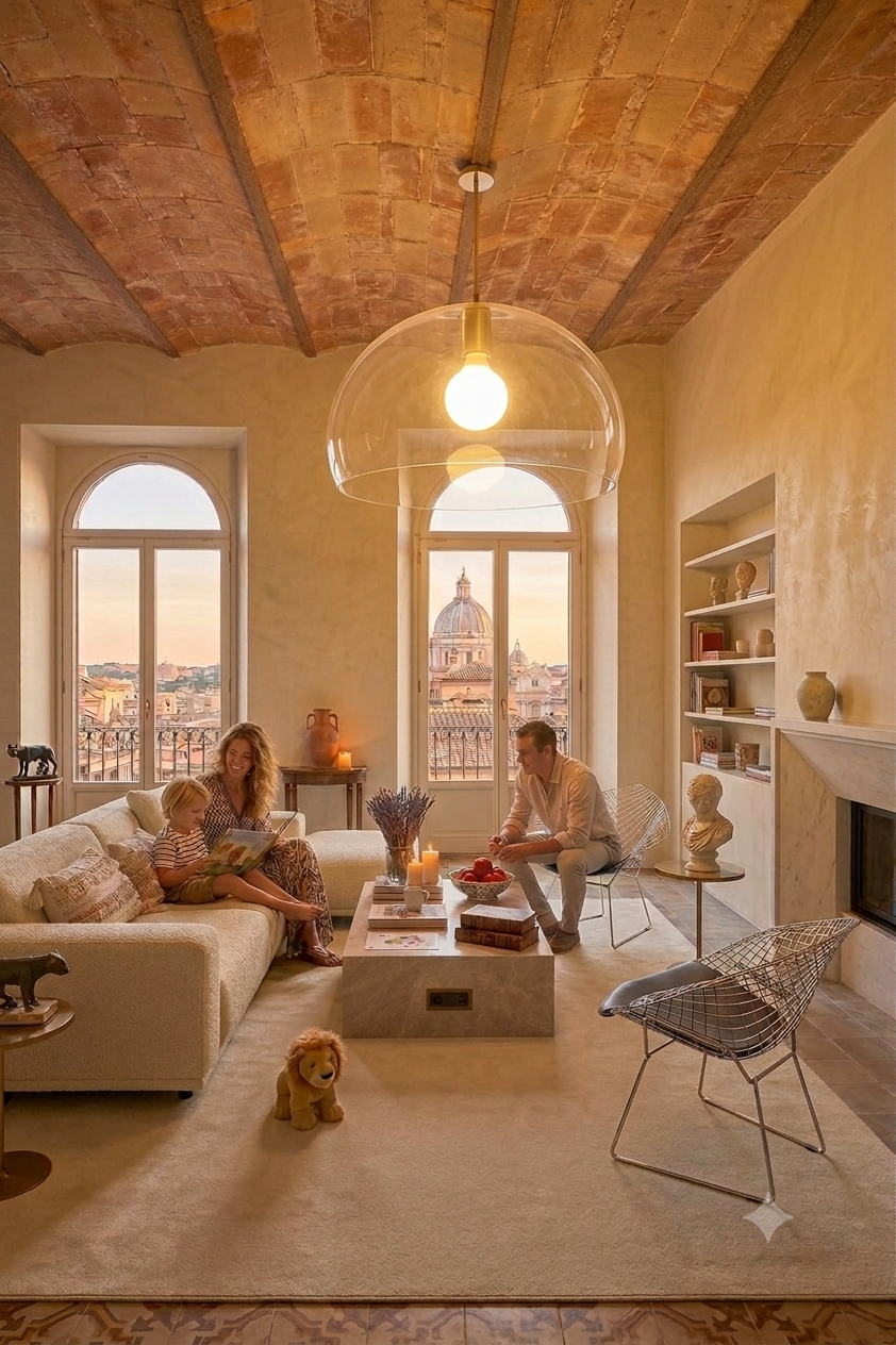 The kitchen island in dialogue with the living space furniture