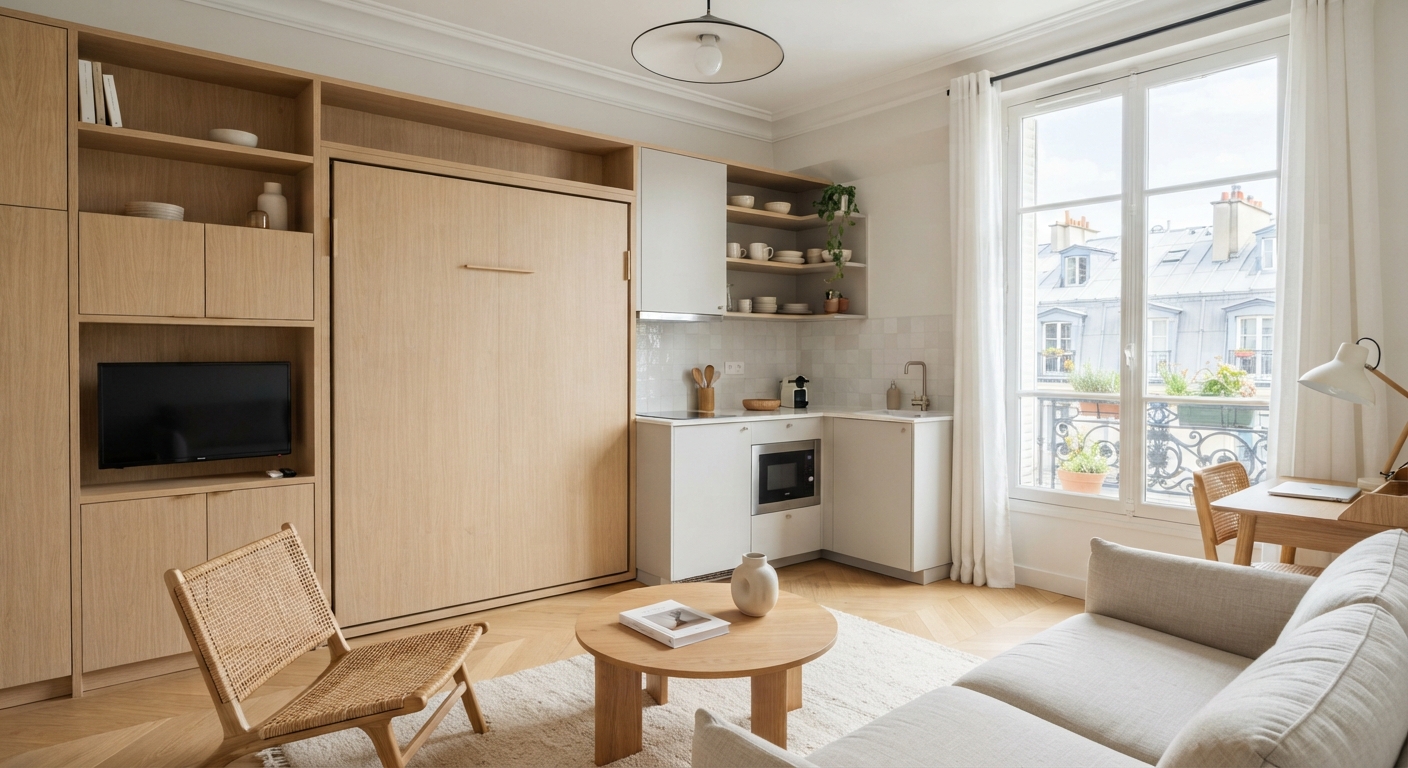 Integrated fold-down bed and bespoke kitchenette, Parisian studio, Supra Studio