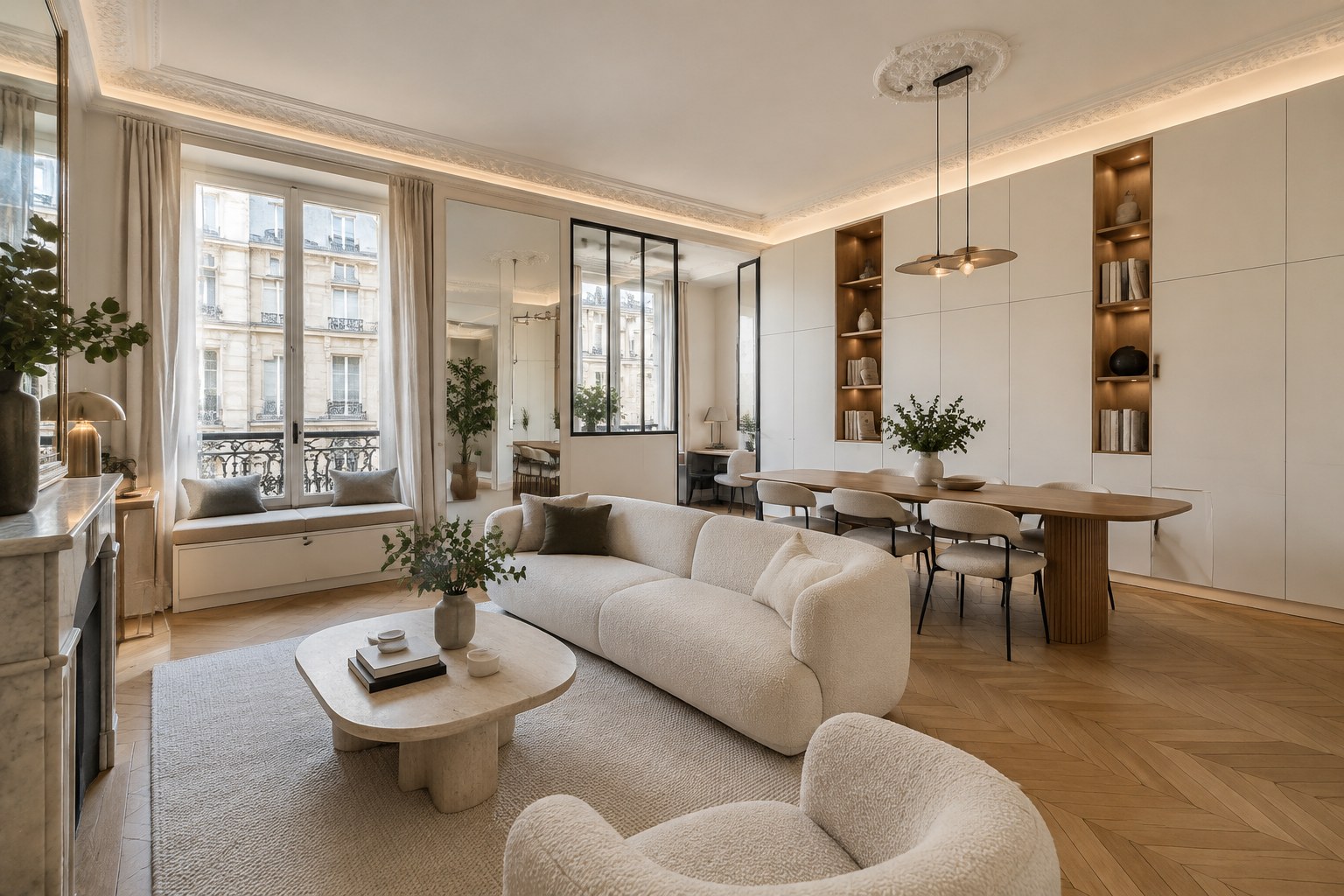 Contenitori su misura fino al soffitto e panca alla finestra, appartamento haussmanniano, Supra Studio
