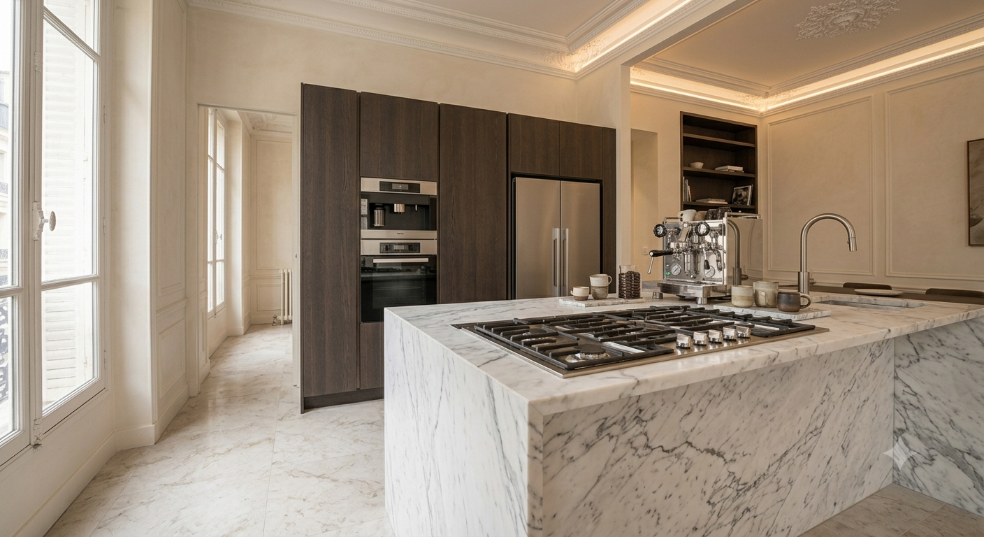 Mineral kitchen island integrated into a period apartment renovation