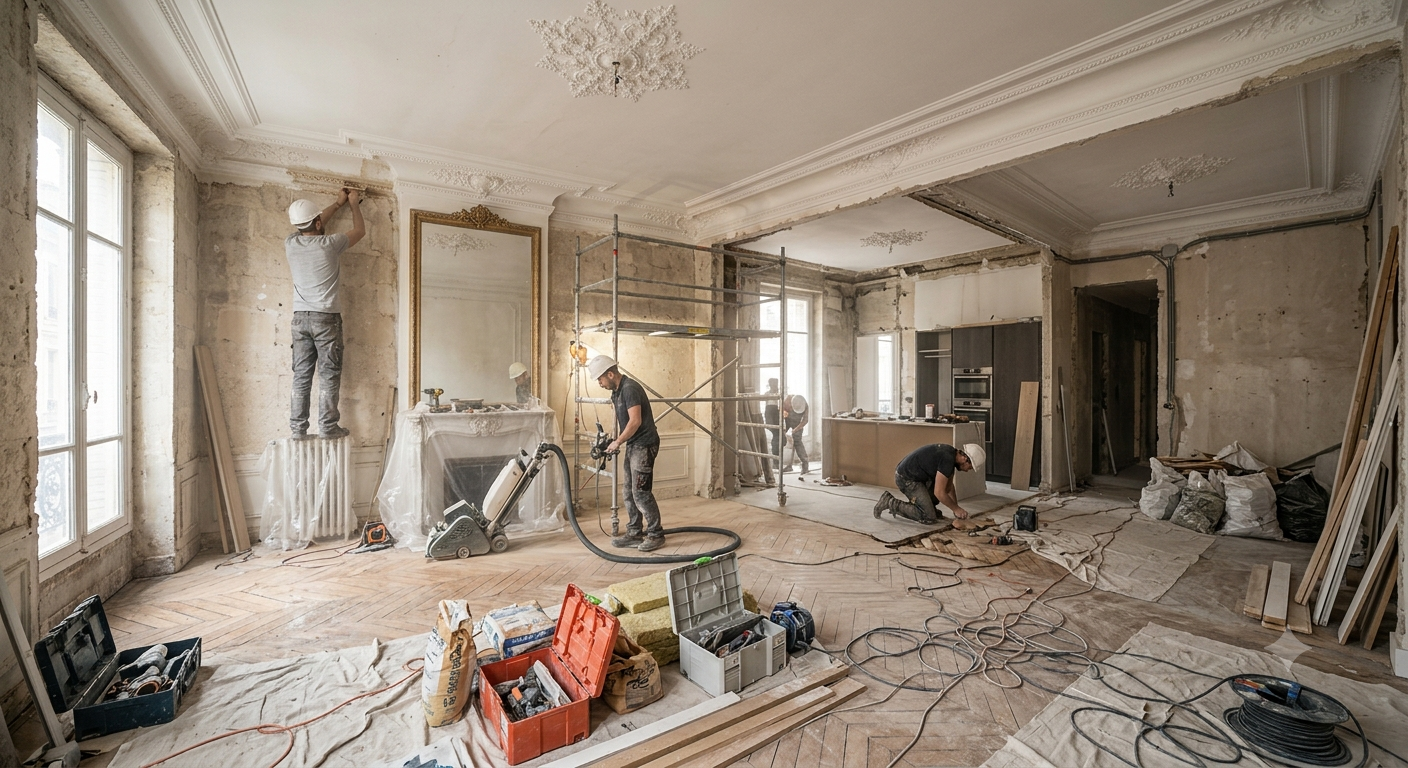 Restoration site of a period apartment, mouldings and herringbone parquet