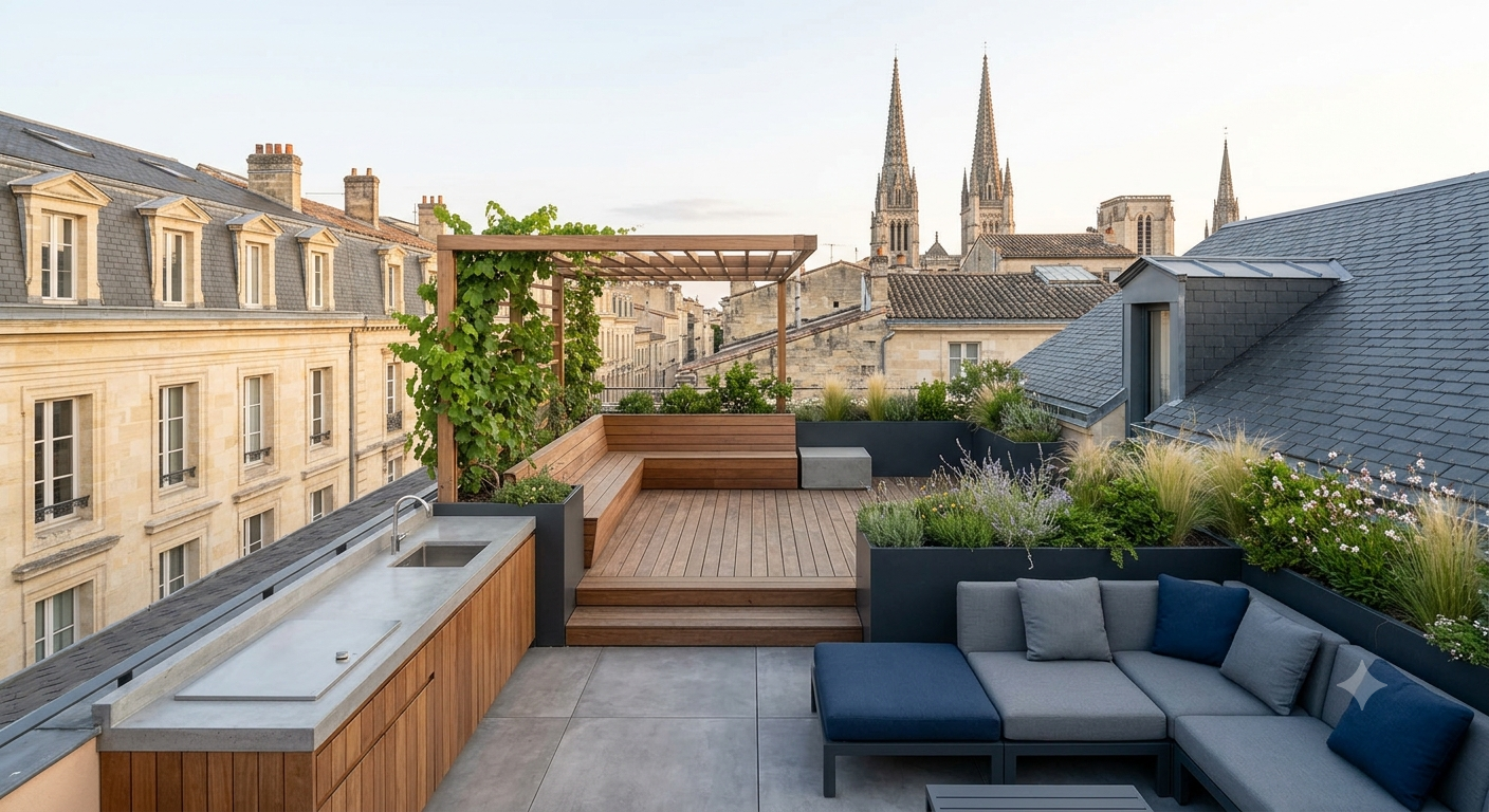 Bespoke planters and rooftop view over Bordeaux