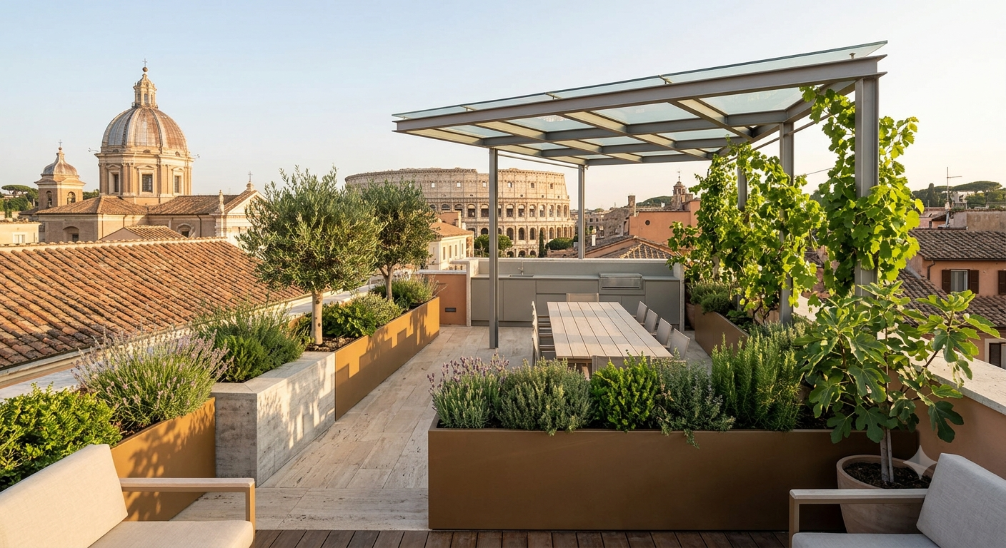 Summer kitchen and bespoke pergola, rooftop in Rome