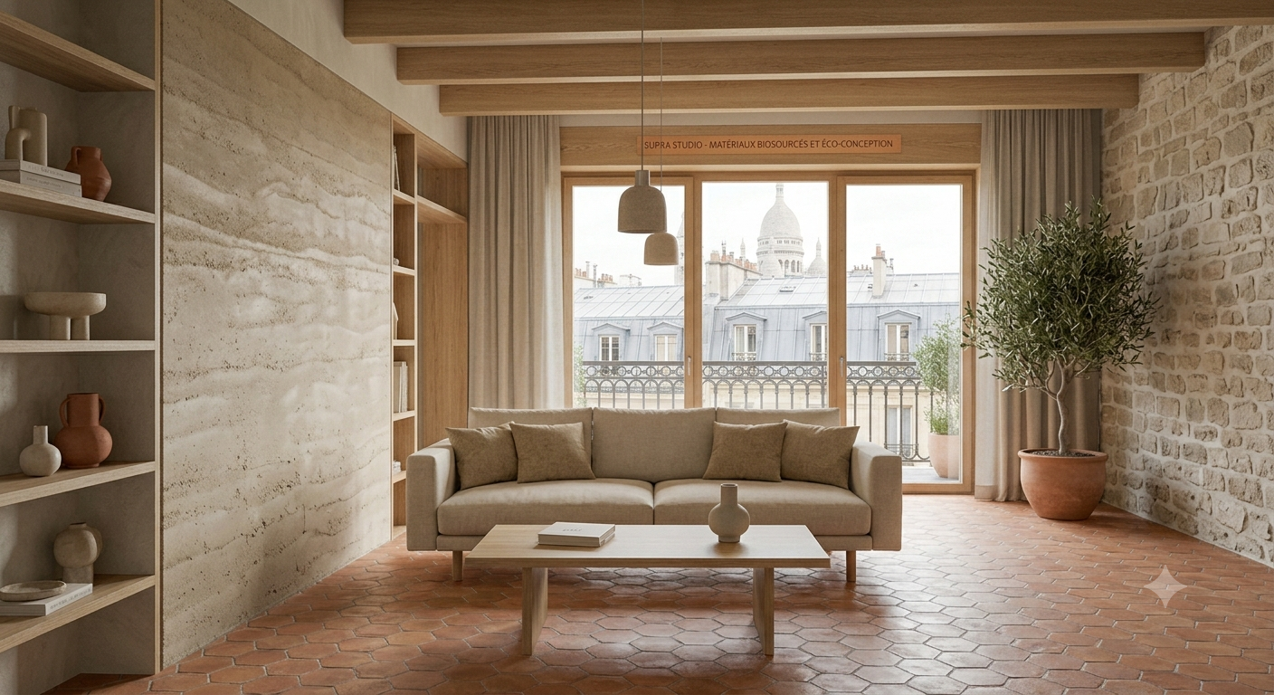 Salon parisien associant bois massif, pierre naturelle et terre cuite, Supra Studio