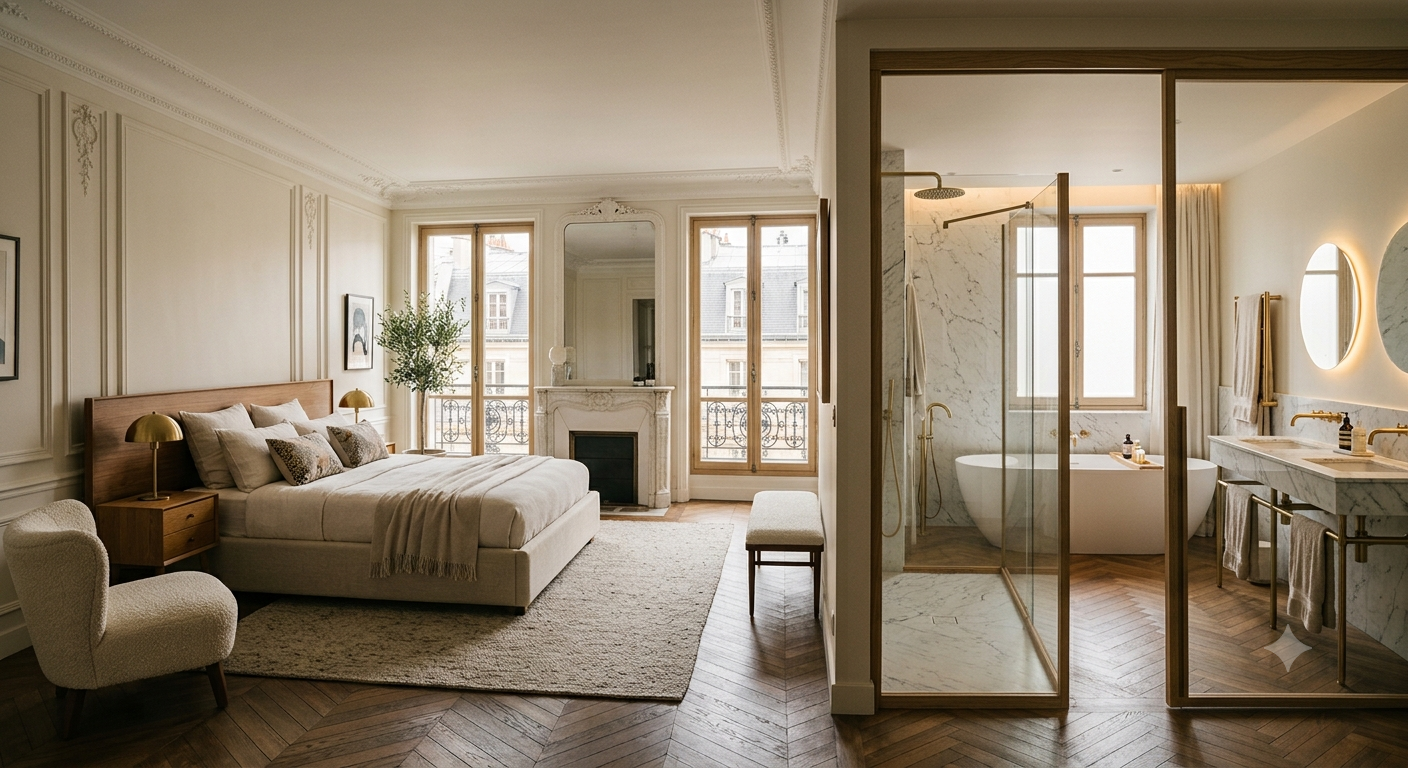 Suite parentale parisienne, chambre et salle de bains en marbre