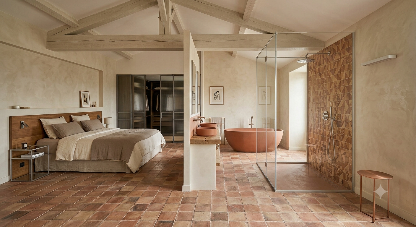 Douche à l'italienne et matériaux naturels, salle de bains suite parentale