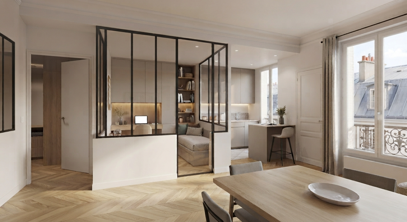 Verrière séparant un bureau du séjour, appartement parisien, Supra Studio